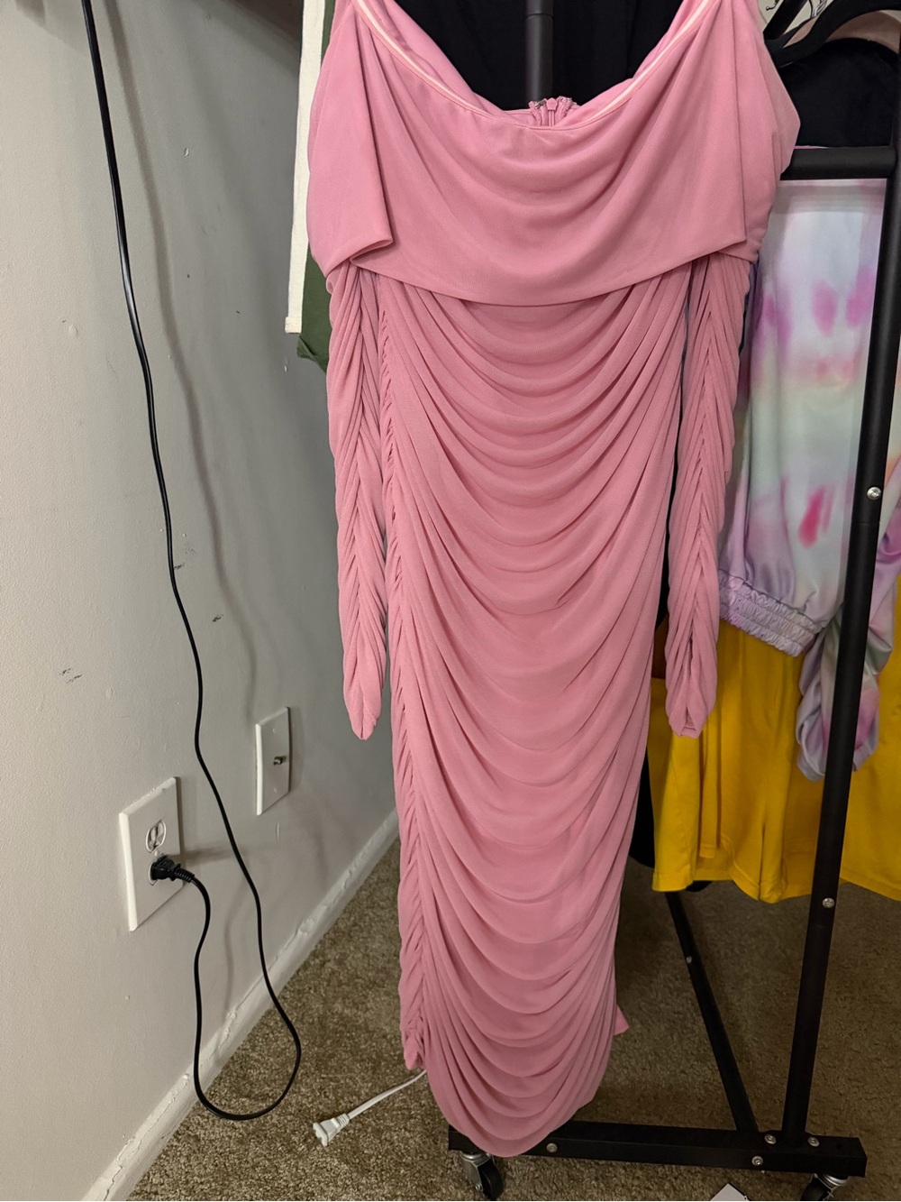Fashion Nova Dusty Rose Draped Off-Shoulder Maxi Dress